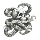skeleton hand holding snake intertwined tattoo design idea