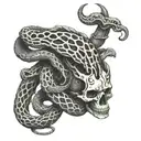 skeleton hand holding snake intertwined tattoo design idea