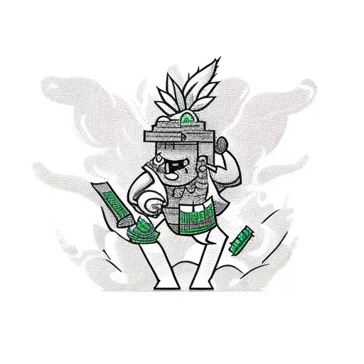 A tattoo of a videogame character weightlifting a giant weed joint surrounded by English literature quotes tattoo design idea