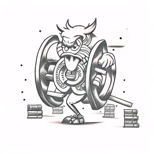 A tattoo of a videogame monster weightlifting a giant joint surrounded by English literature quotes tattoo design idea