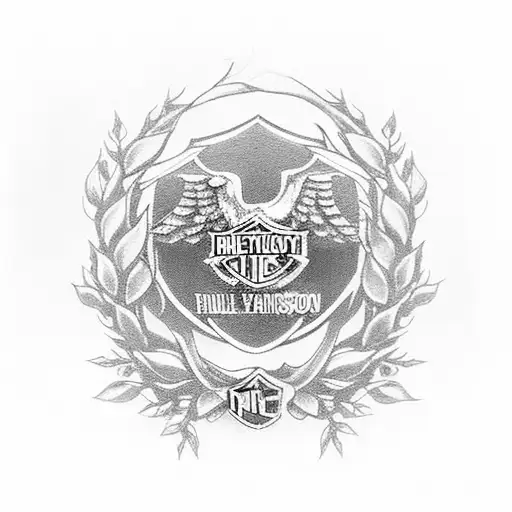 A Harley-Davidson motorcycle surrounded by a wreath of family names, emphasizing the importance of family in the client's life tattoo design idea