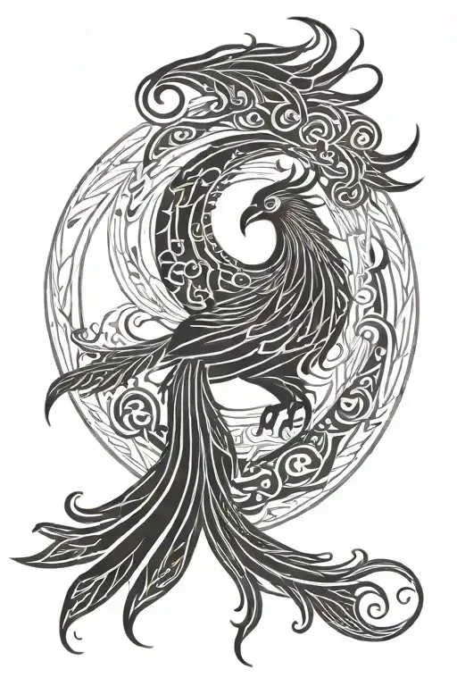 Phoenix Over A Circle Sun With Flames Twirling Into The Tail Of The Phoenix tattoo design idea