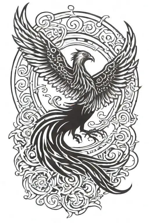 Phoenix over a circle sun with flames twirling into the tail of the phoenix tattoo design idea