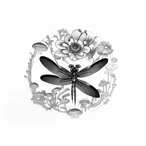 dragonfly with flowers and mushrooms and plants and a frog tattoo design idea