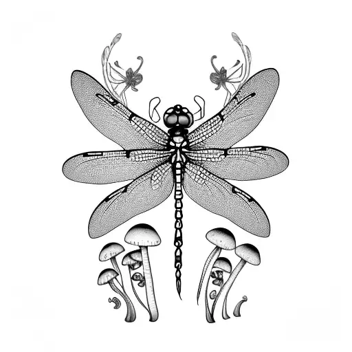 dragonfly with flowers and mushrooms and plants and a frog tattoo design idea