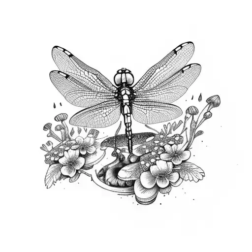 dragonfly with flowers and mushrooms tattoo design idea
