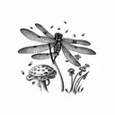 dragonfly with flowers and mushrooms and plants and a frog tattoo design idea