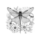 dragonfly with flowers and mushrooms and plants and a frog tattoo design idea