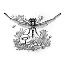 dragonfly with flowers and mushrooms and plants and a frog tattoo design idea