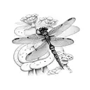 dragonfly with flowers and mushrooms and plants and a frog tattoo design idea