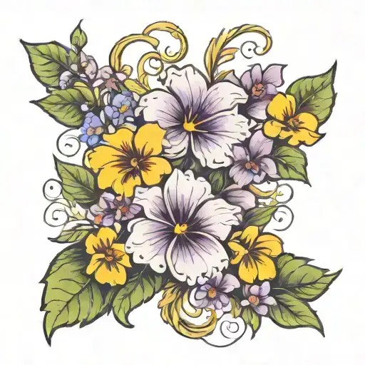 create a really small arm tattoo with violet and primrose flowers and include lots vines around it. not too much color a tattoo design idea