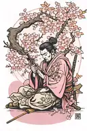 sleeping ronin with katana under a large pink cherry blossom tree tattoo design idea