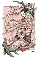 sleeping ronin with katana under a large pink cherry blossom tree tattoo design idea