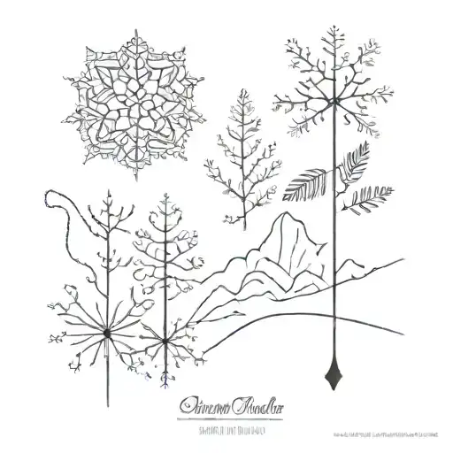 snowflake with mountain feather tree name Lubin. snow tattoo design idea