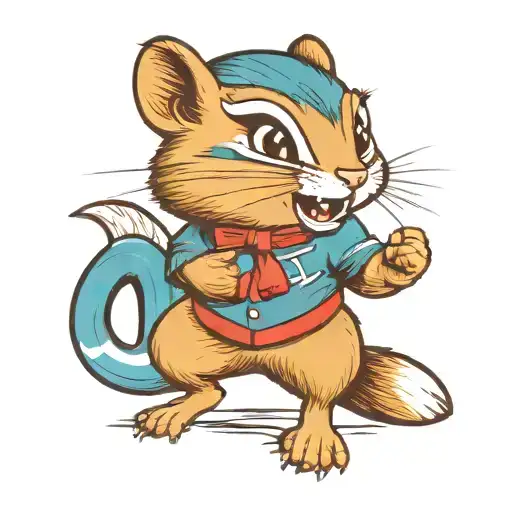 a cute girl chipmunk looking right at the viewer with her fists up like a boxer and a circle of traditional Gothic text  tattoo design idea