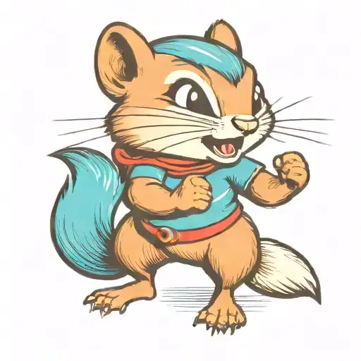 a cute girl chipmunk with one teal-colored tail and no brown tail, fighting with her fists up like a boxer.  tattoo design idea