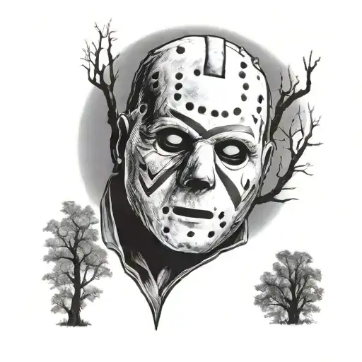 A sinister portrait of Jason Voorhees and Michael Myers with a background of a full moon and eerie trees tattoo design idea