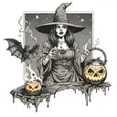 A haunting image of a witch brewing a potion with bats flying around her, while Jason Voorhees and Michael Myers lurk in the shadows tattoo design idea