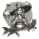 A haunting image of a witch brewing a potion with bats flying around her, while Jason Voorhees and Michael Myers lurk in the shadows tattoo design idea
