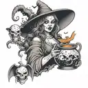 A haunting image of a witch brewing a potion with bats flying around her, while Jason Voorhees and Michael Myers lurk in the shadows tattoo design idea