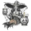 A haunting image of a witch brewing a potion with bats flying around her, while Jason Voorhees and Michael Myers lurk in the shadows tattoo design idea