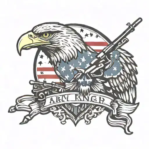 army ranger rifle drawn eagle and flag background tattoo design idea