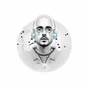 vynl record with tweo DJ's coming out of the top, 1st dj's head as a lightbulb, the second's head at a bitcoin tattoo design idea