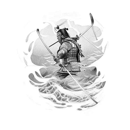 Samurai fording a deep stream up to chest. tattoo design idea