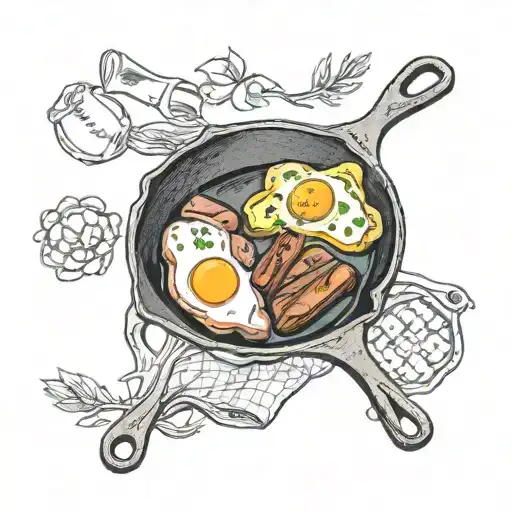 Cast iron skillet with steak and eggs tattoo design idea