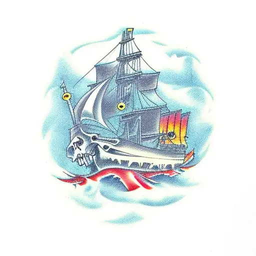 A largr pirateship with a skeleton crew sailing in rough waters tattoo design idea