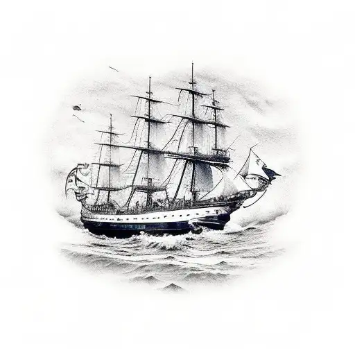 A large pirateship with a skeleton crew sailing in rough waters tattoo design idea