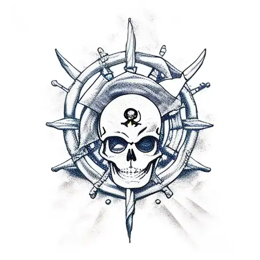 A large pirateship with a skeleton crew sailing in rough waters tattoo design idea