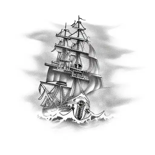 A large pirateship with a skeleton crew sailing in rough waters tattoo design idea