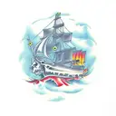 A largr pirateship with a skeleton crew sailing in rough waters tattoo design idea