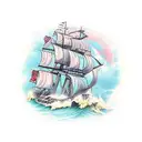 A largr pirateship with a skeleton crew sailing in rough waters tattoo design idea