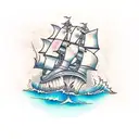 A largr pirateship with a skeleton crew sailing in rough waters tattoo design idea