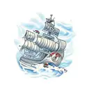 A largr pirateship with a skeleton crew sailing in rough waters tattoo design idea