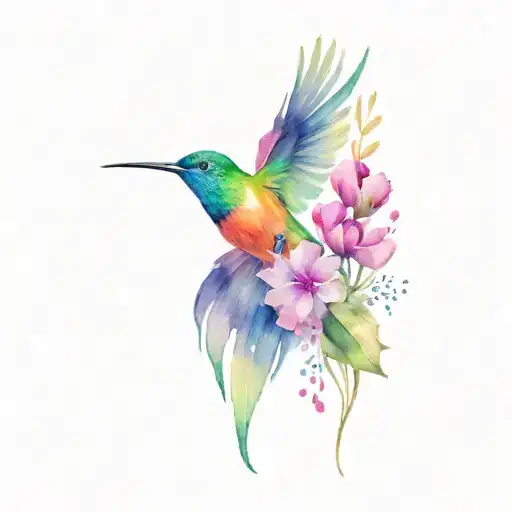 mountains with hummingbird, flowers and peacock feather tattoo design idea