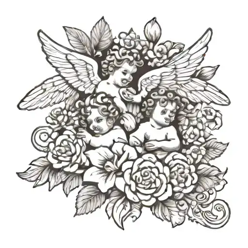 black and white cherubs with "hither to dinner thither" in script with a background of clouds and flowers  tattoo design idea