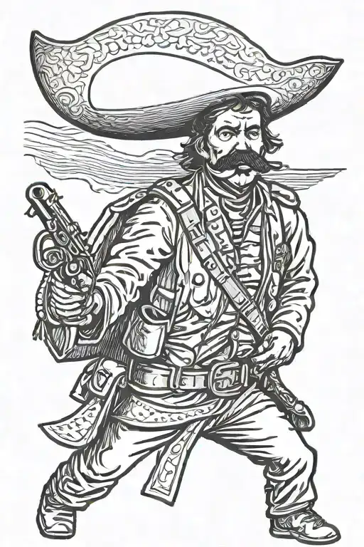 mexican revolutionary soldier with a mustache wearing a sombero, pancho, and two ammo belts across his chest.  tattoo design idea