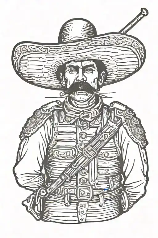 mexican revolutionary soldier with a mustache wearing a sombero, pancho, and two ammo belts across his chest.  tattoo design idea