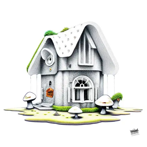 Gnome house from dead tree with mushrooms tattoo design idea