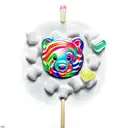 gummy bear covered in sugar sitting down with a giant lollipop tattoo design idea