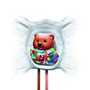 gummy bear covered in sugar sitting down with a giant lollipop tattoo design idea