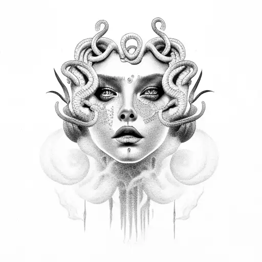 Medusa with smoke seeping through her lips tattoo design idea