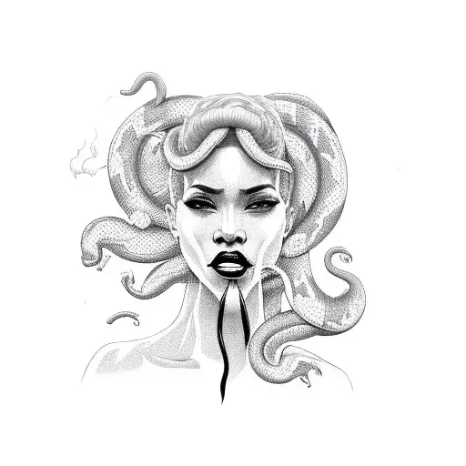 black woman with snakes for hair blowing smoke out of her lips tattoo design idea
