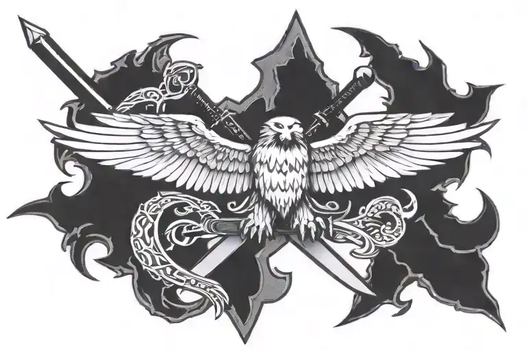 Tau cross with eagle in front and sword going down eagle tattoo design idea