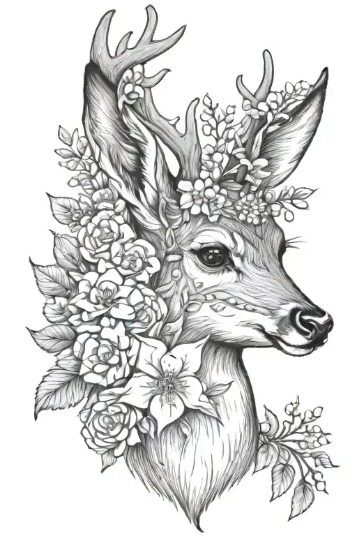 baby deer with buck surrounded by flowers  tattoo design idea
