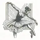 sitting ballerina stencil opening a curtain from the side of big portrait tattoo design idea