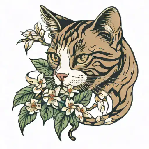 cat sniffing jasmine flowers tattoo design idea